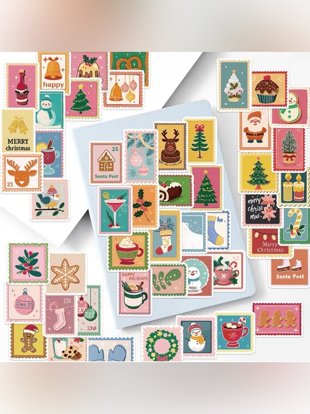 50 Christmas Iridescent Stickers Stamp Style Trees Reindeer Gingerbread Snowman - Picture 2 of 16